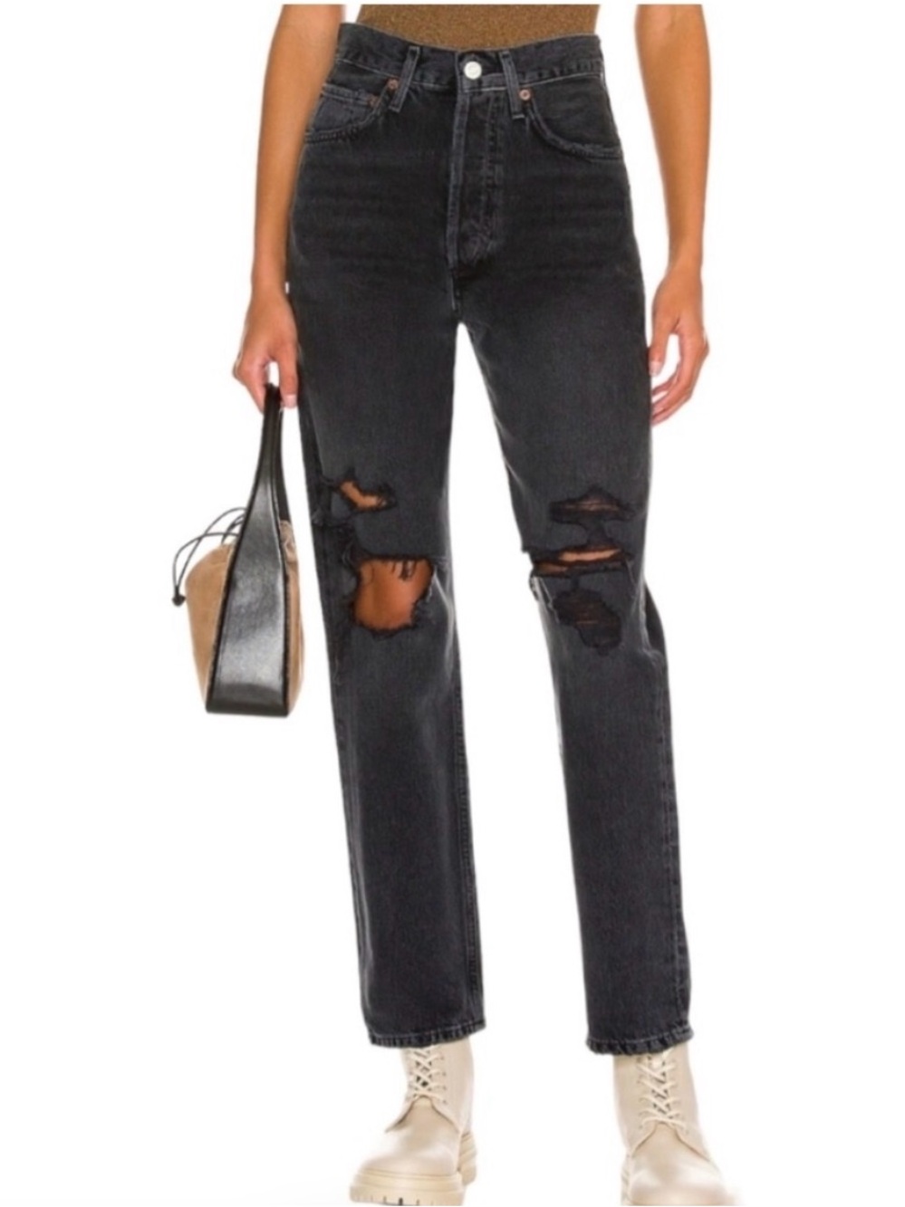 Agolde 90’s Mid Rise Loose Fit Straight Leg Jean 28 Smokestack Black Distressed